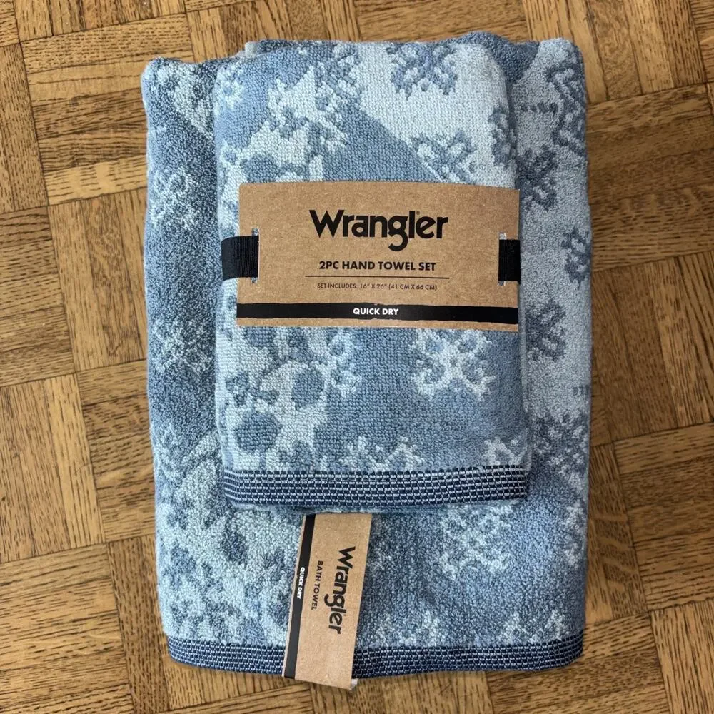 Wrangler Rodeo Patchwork Blue Western Floral Stars 2 Bath & 2 Hand Towel Set New